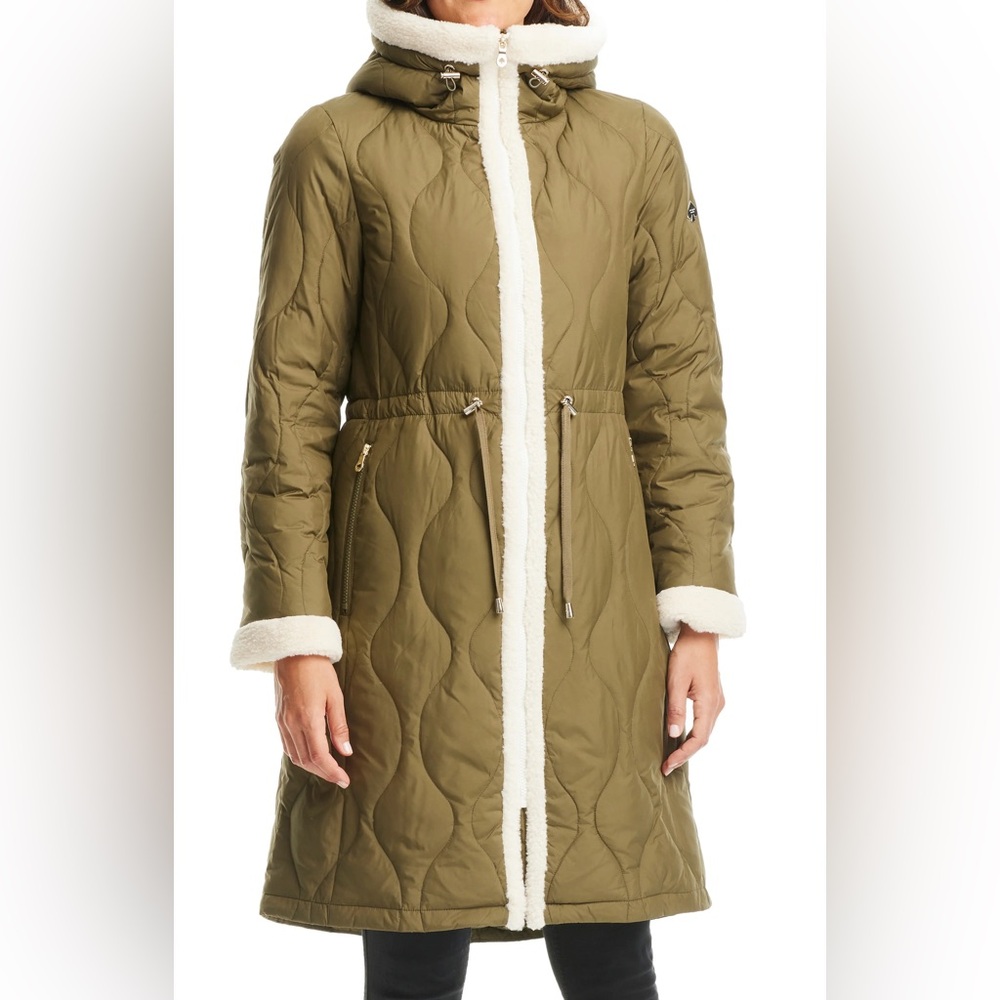 NWT KATE SPADE FAUX SHEARLING TRIM DOWN AND FEATHER FILL LONG COAT OLIVE SIZE XL